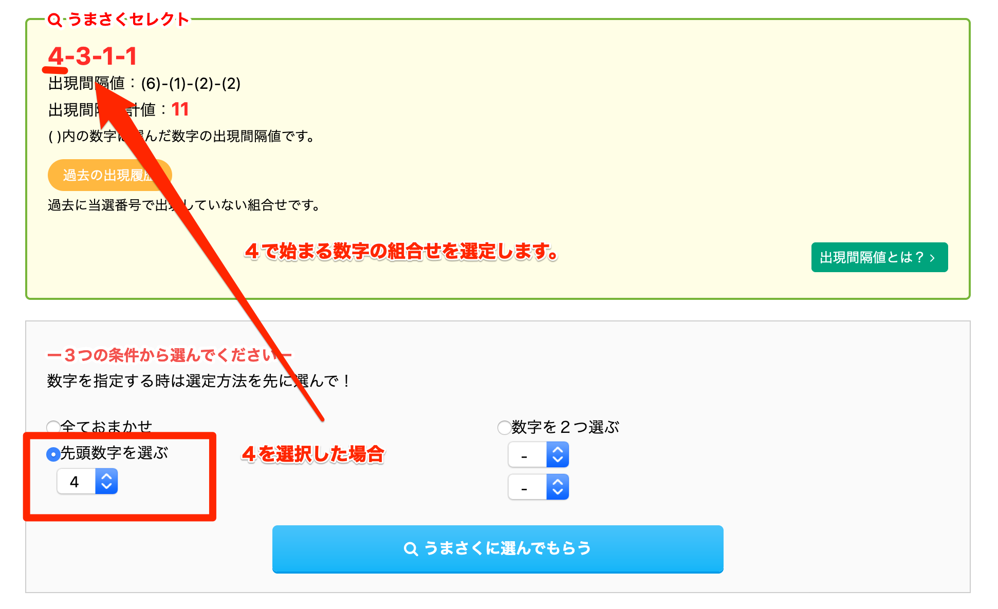 ナンバーズ4で最初の数字か２つの数字を軸にしてうまさくセレクトで選ぶ うまさくーロト予想